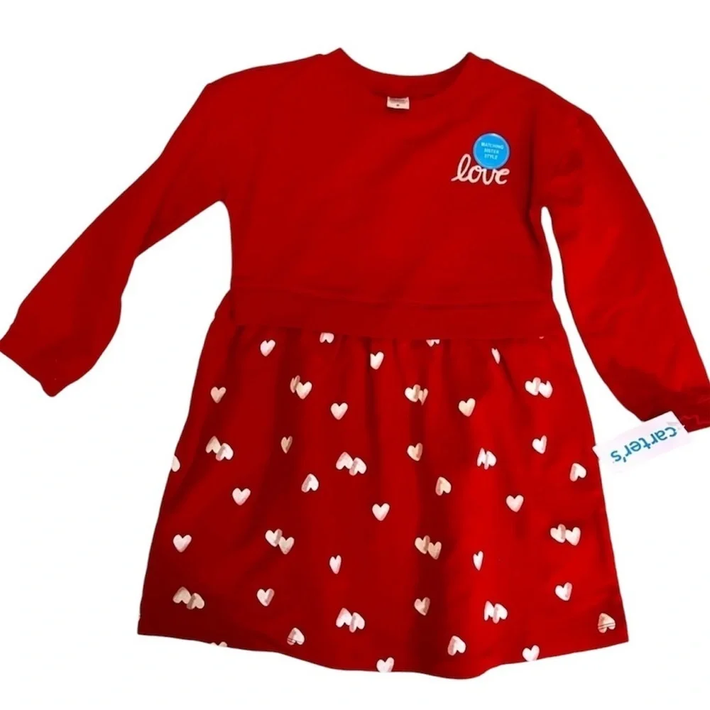 NWT Carters Love Hearts Girls Red Long Sleeve Sweatshirt Valentines Day Dress